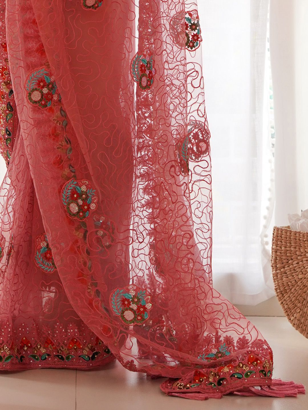Saree mall Floral Embroidered Beads and Stones Net Sarees