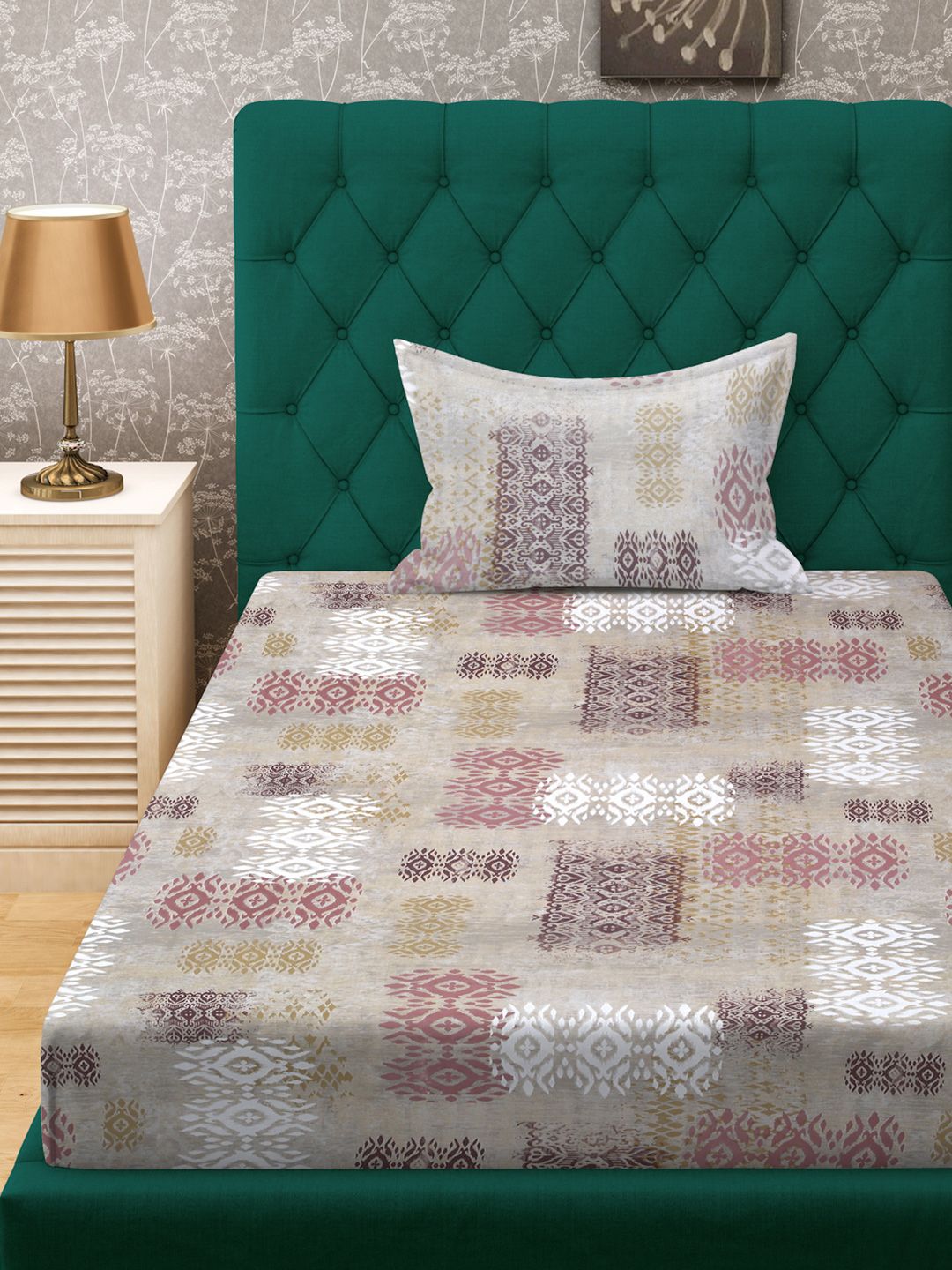KLOTTHE Beige & Brown Printed Pure Cotton 400 TC Fitted Single Bedsheet With Pillow Cover