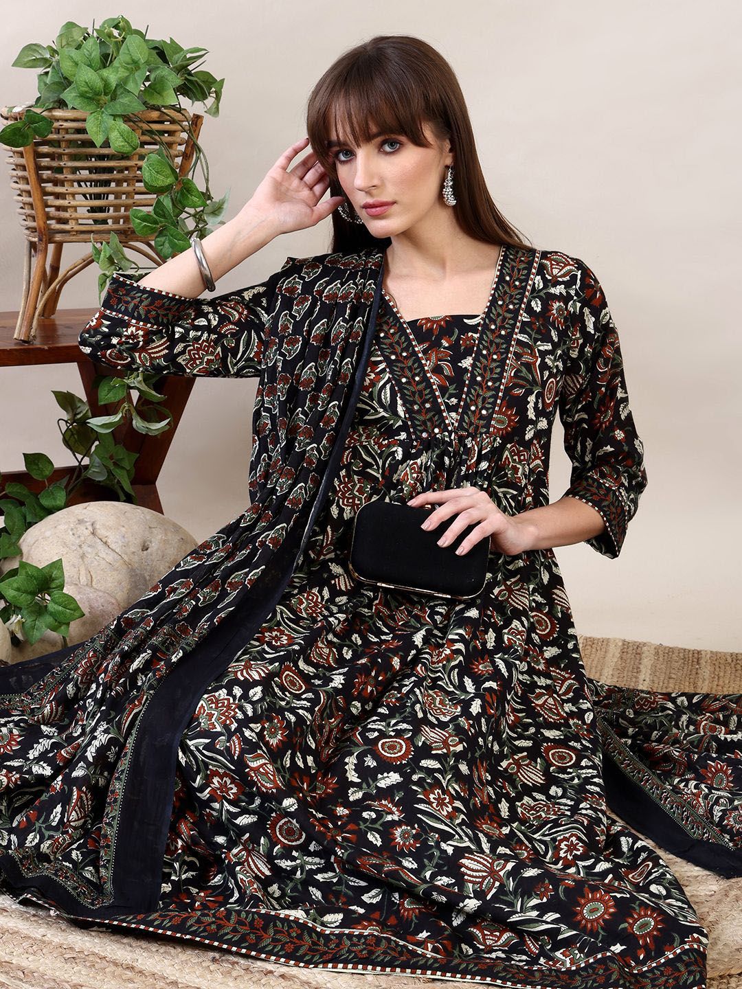 KALINI Floral Printed Empire Mirror Work Kurta with Trouser & Dupatta
