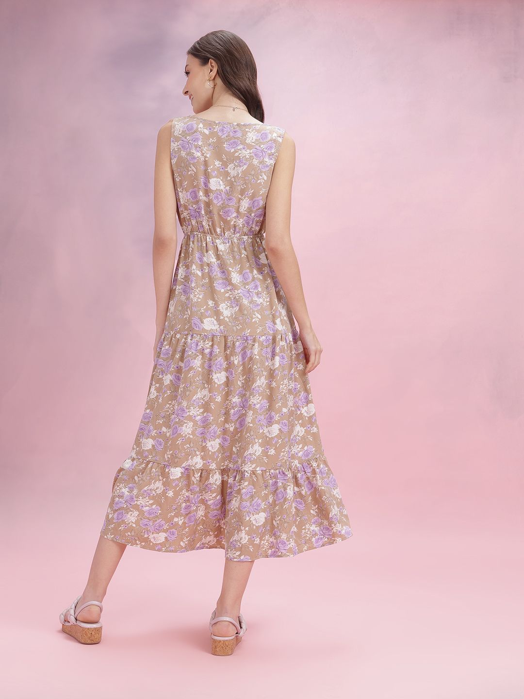 DressBerry V-Neck Floral Printed Tired A-Line Midi Dress