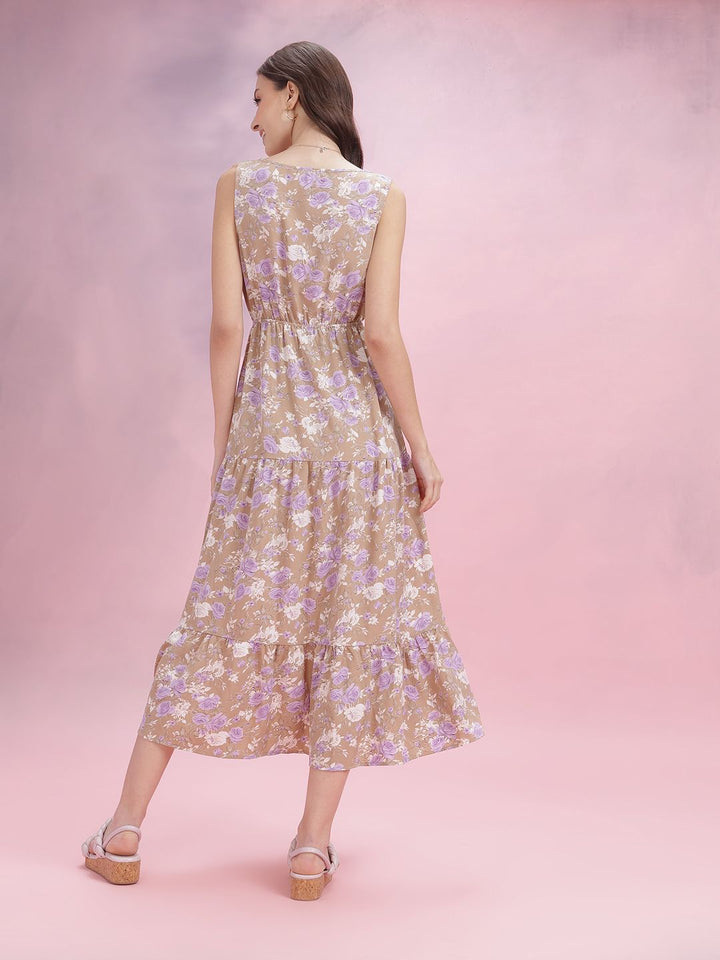 DressBerry V-Neck Floral Printed Tired A-Line Midi Dress