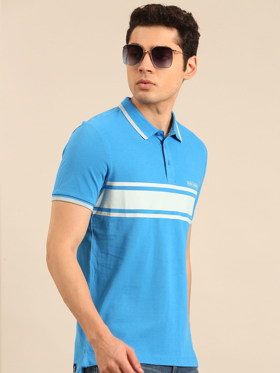 Being Human Striped Polo Collar Pure Cotton T-shirt