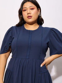 SASSAFRAS Curve Plus Size Navy Blue Round Neck Puff Sleeves Gathered Fit & Flare Dress
