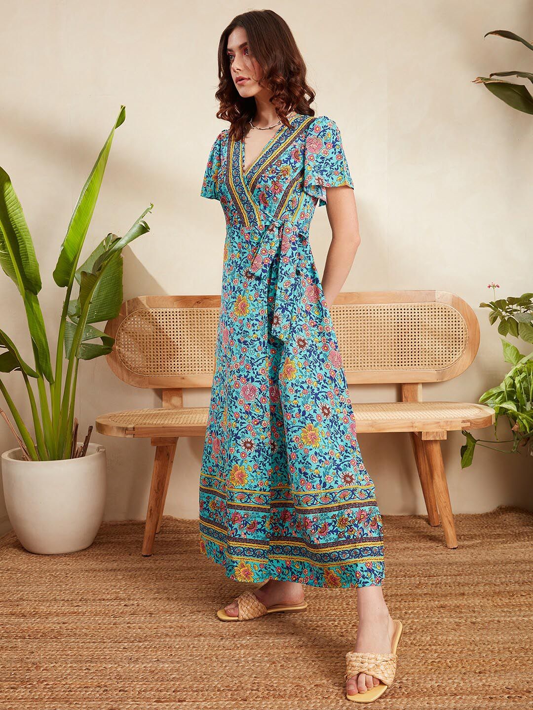 Berrylush Blue Ethnic Motifs Printed Flared Sleeve Tie Up Wrap Dress