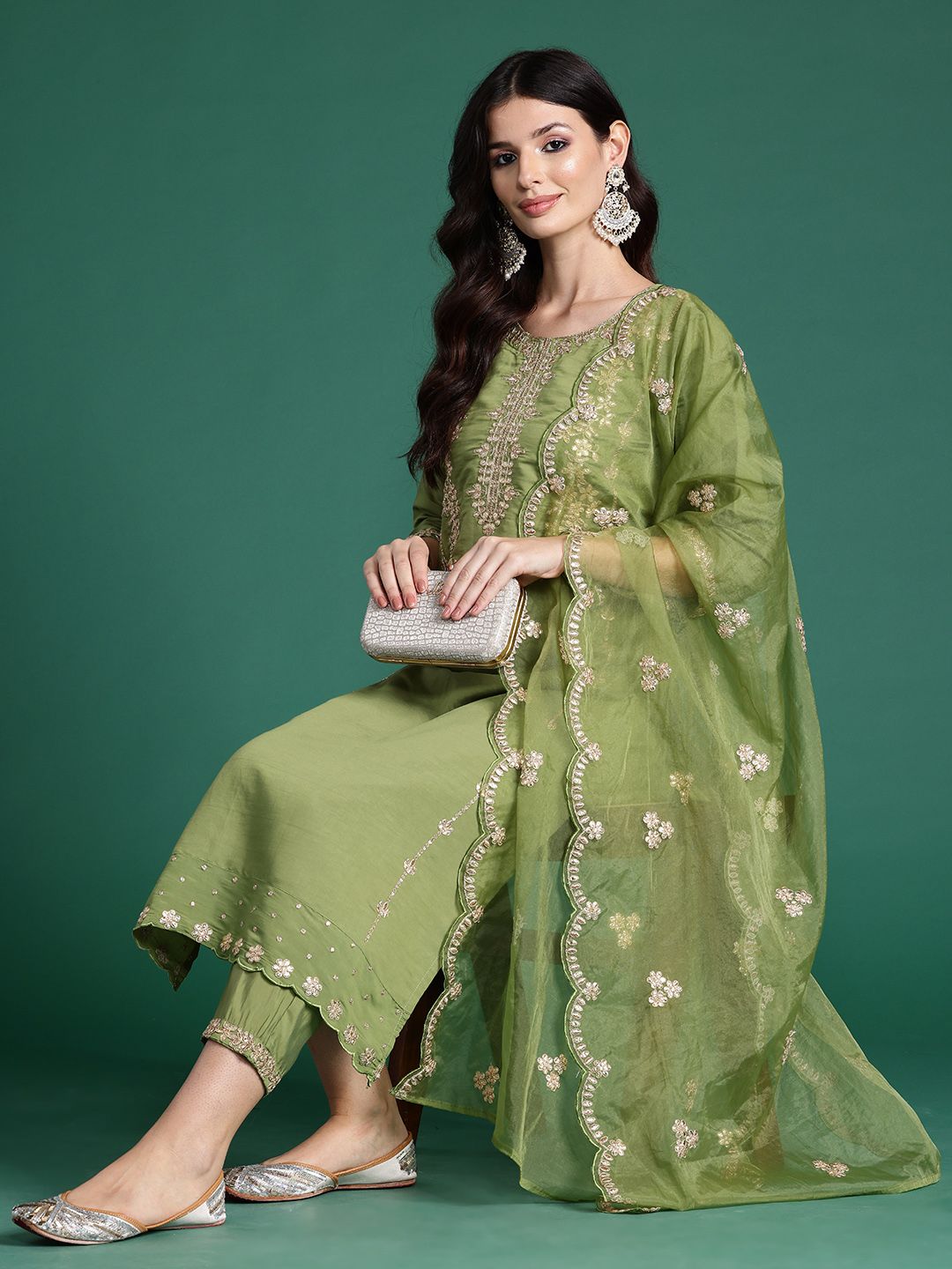 Indo Era Ethnic Motifs Embroidered Gotta Patti Kurta With Trousers & Dupatta