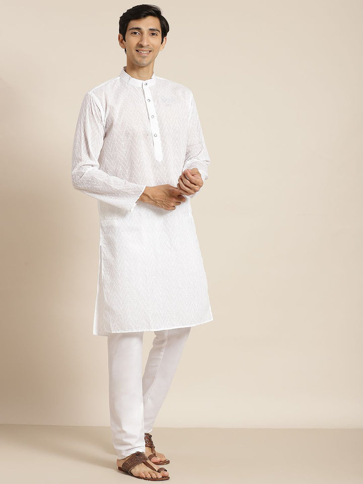 SOJANYA Men White Chikankari Pure Cotton Kurta with Churidar & Nehru Jacket
