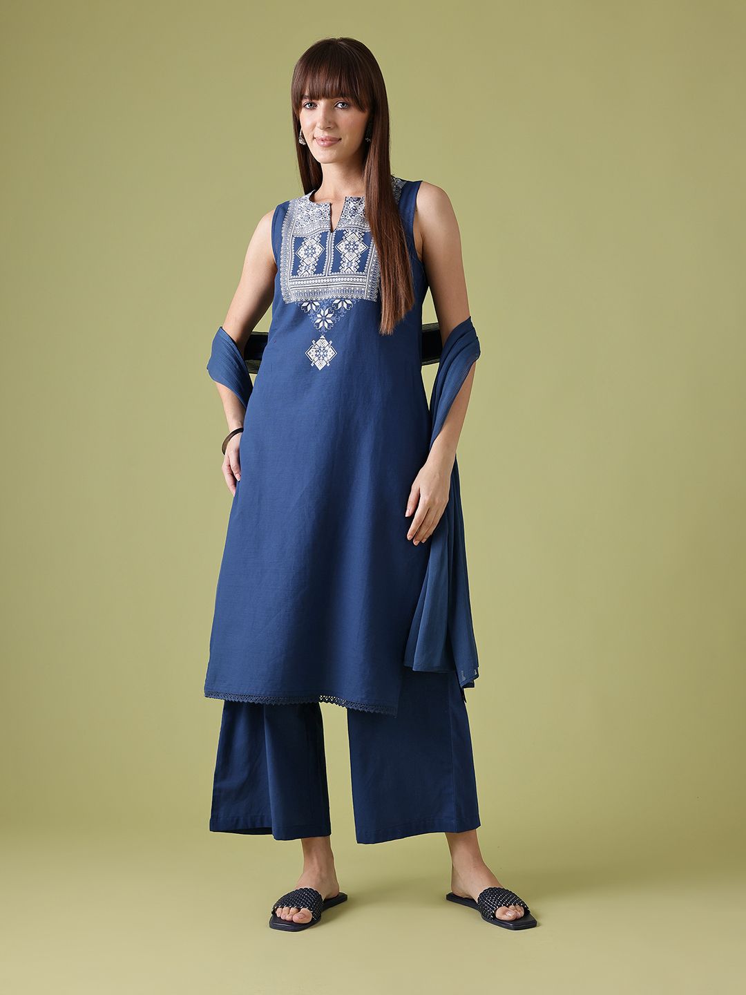 Anouk Ethnic Motifs Yoke Design Pure Cotton Kurta with Trousers & Dupatta