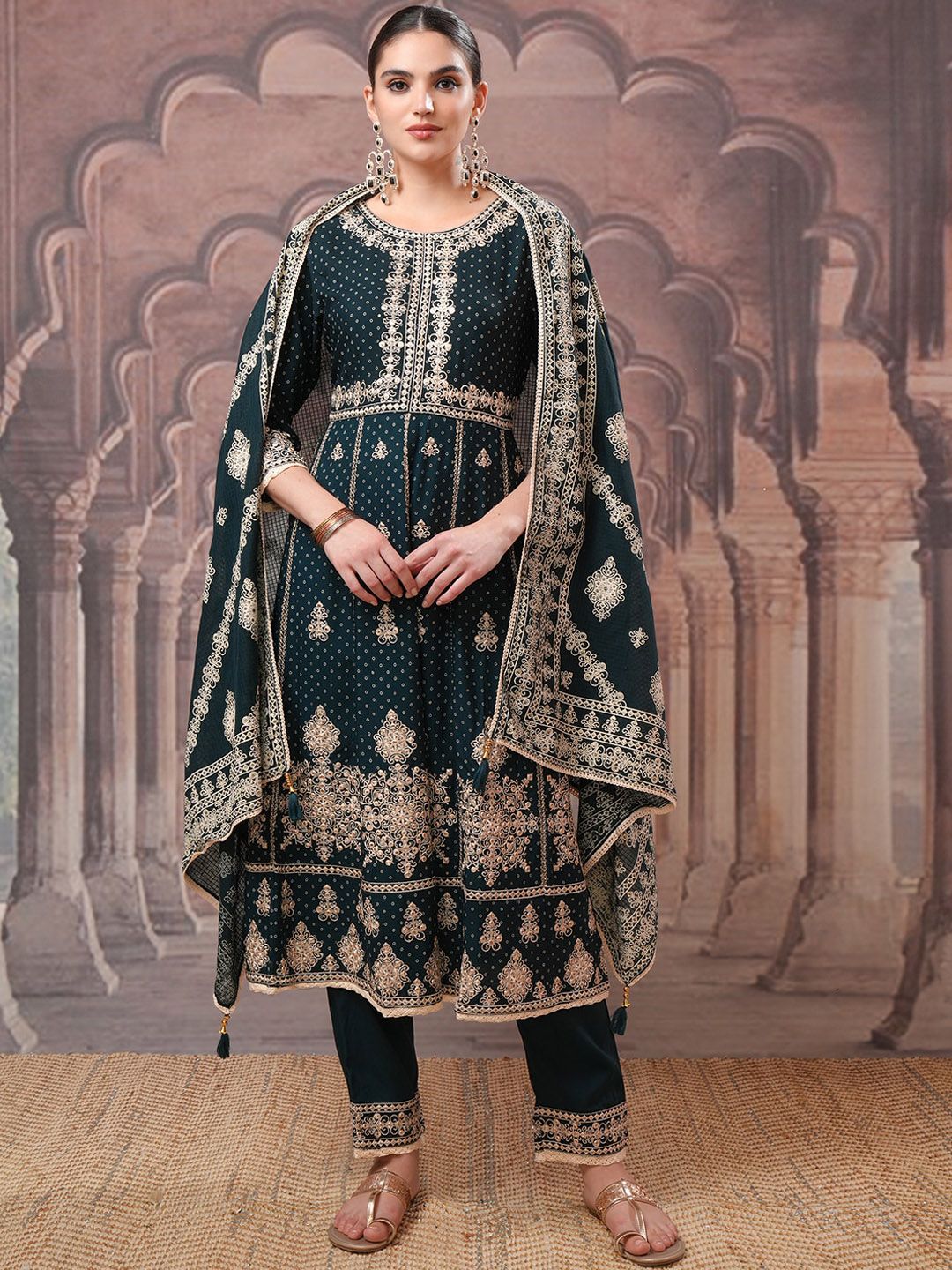 Vishudh Green Embroidered Regular Kurta with Trousers & Dupatta
