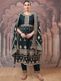 Vishudh Green Embroidered Regular Kurta with Trousers & Dupatta