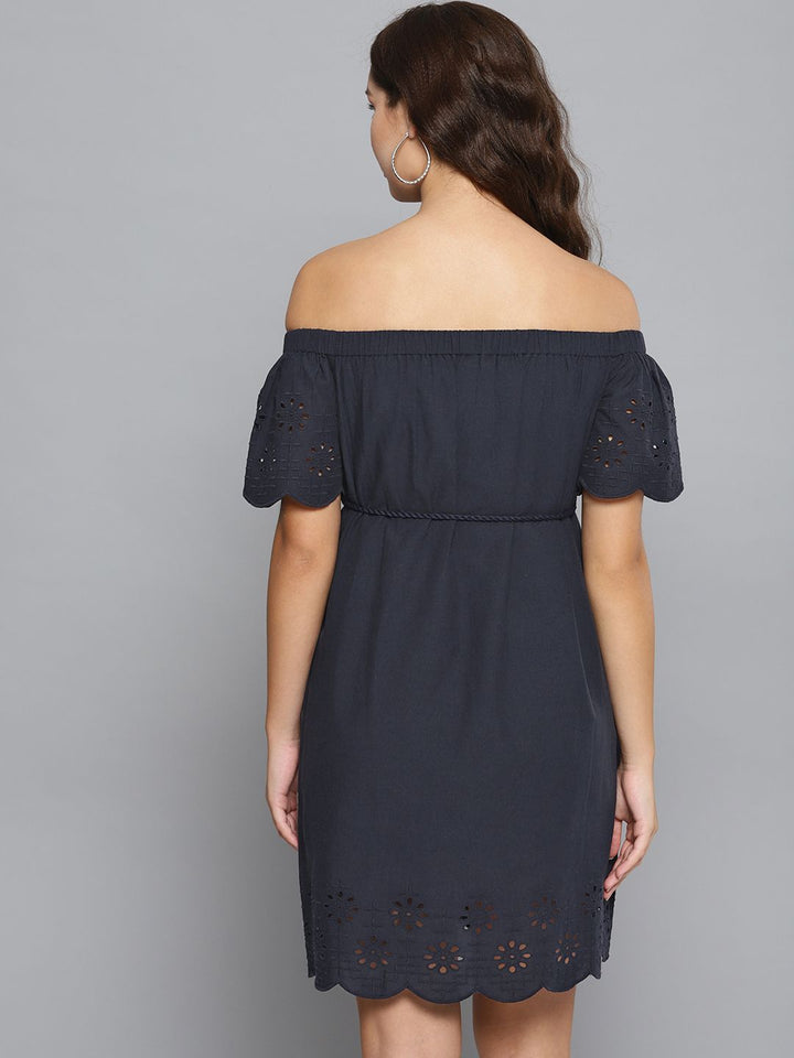 STREET 9 Women Navy Blue Solid Off-Shoulder Shift Dress