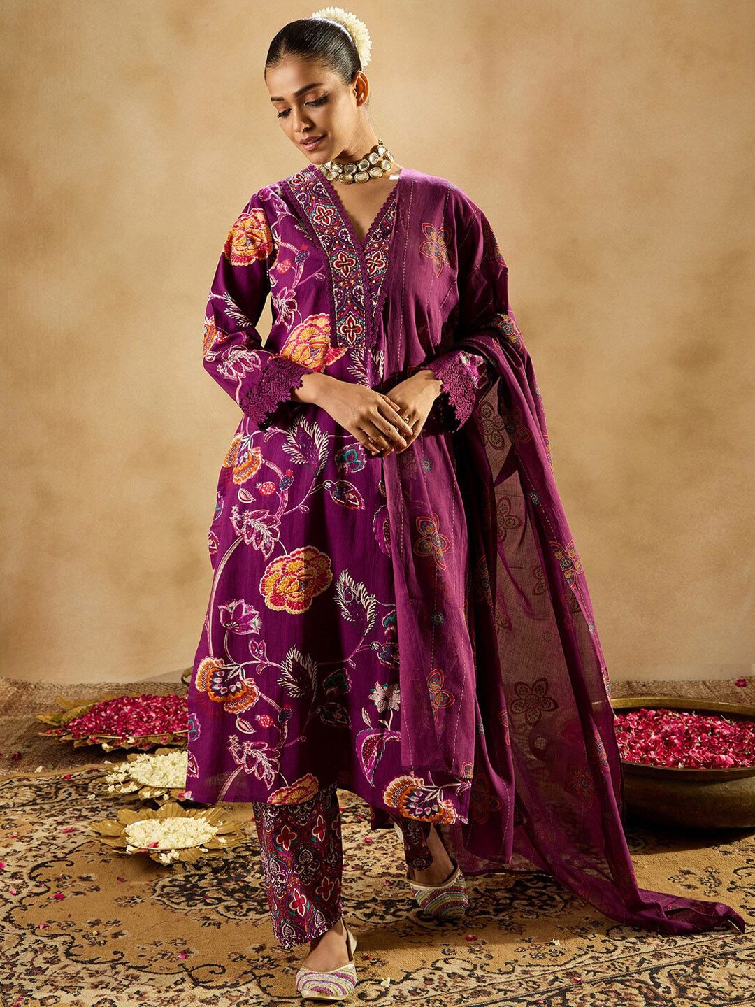 Indo Era Burgundy Floral Printed V-Neck Sequinned Pure Cotton Straight Kurta Set