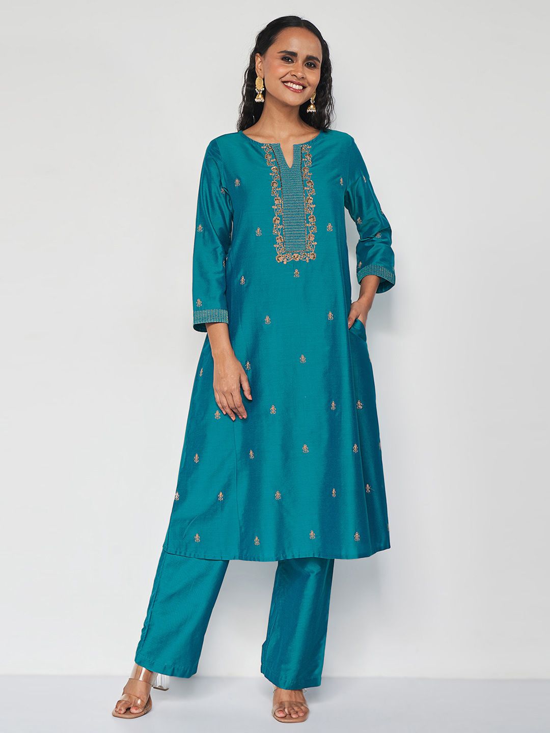 Global Desi Floral Embroidered Thread Work Detail A-Line Kurta with Trousers