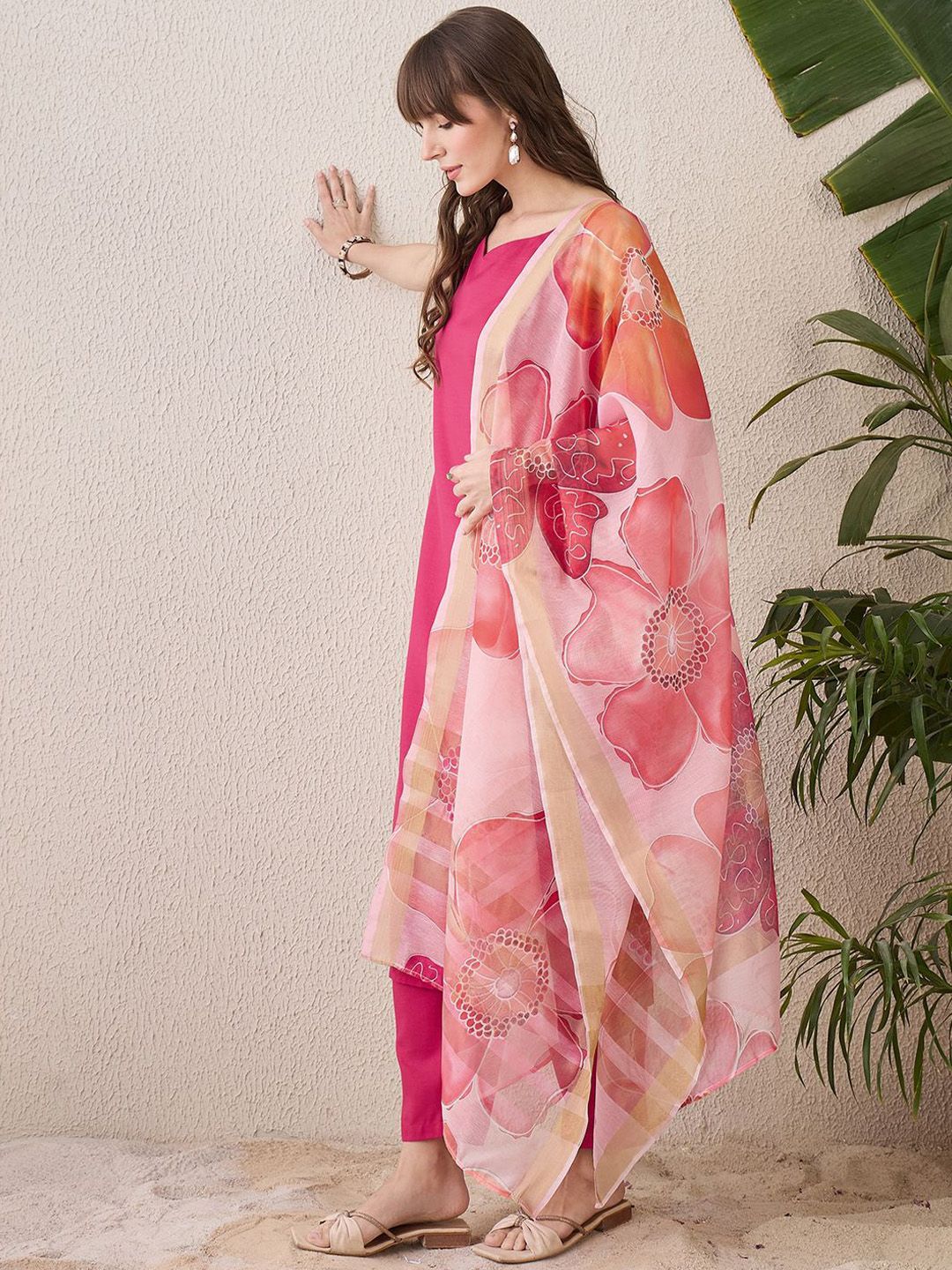 Indo Era Floral Printed Sweetheart Neck Cotton Straight Kurta With Trousers & Dupatta