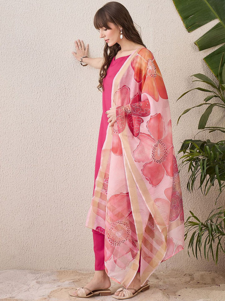 Indo Era Floral Printed Sweetheart Neck Cotton Straight Kurta With Trousers & Dupatta