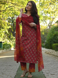 KALINI Ethnic Motifs Printed Printed Notch Neck Straight Kurta With Trousers & Dupatta
