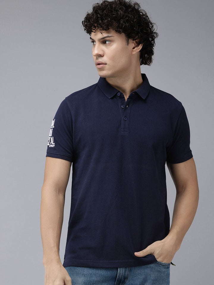 SPYKAR Men Polo Collar Indigo Pure Cotton Slim Fit T-shirt With Minimal Embroidered Detail