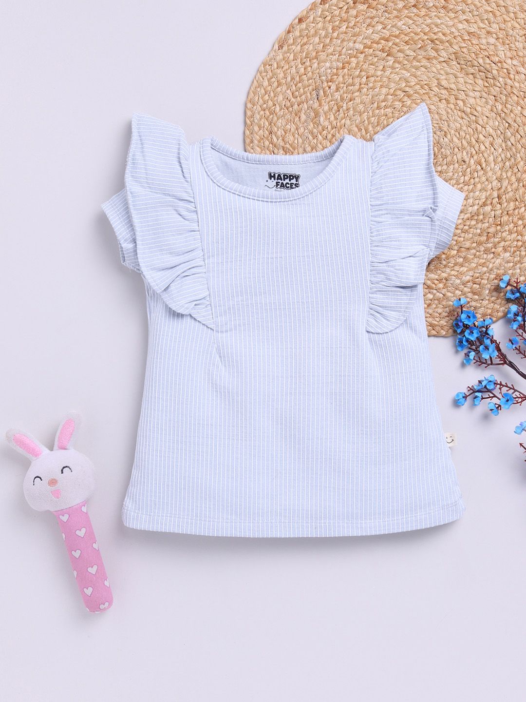 Happy Faces Girls Striped Ruffles Detail Pure Cotton Top
