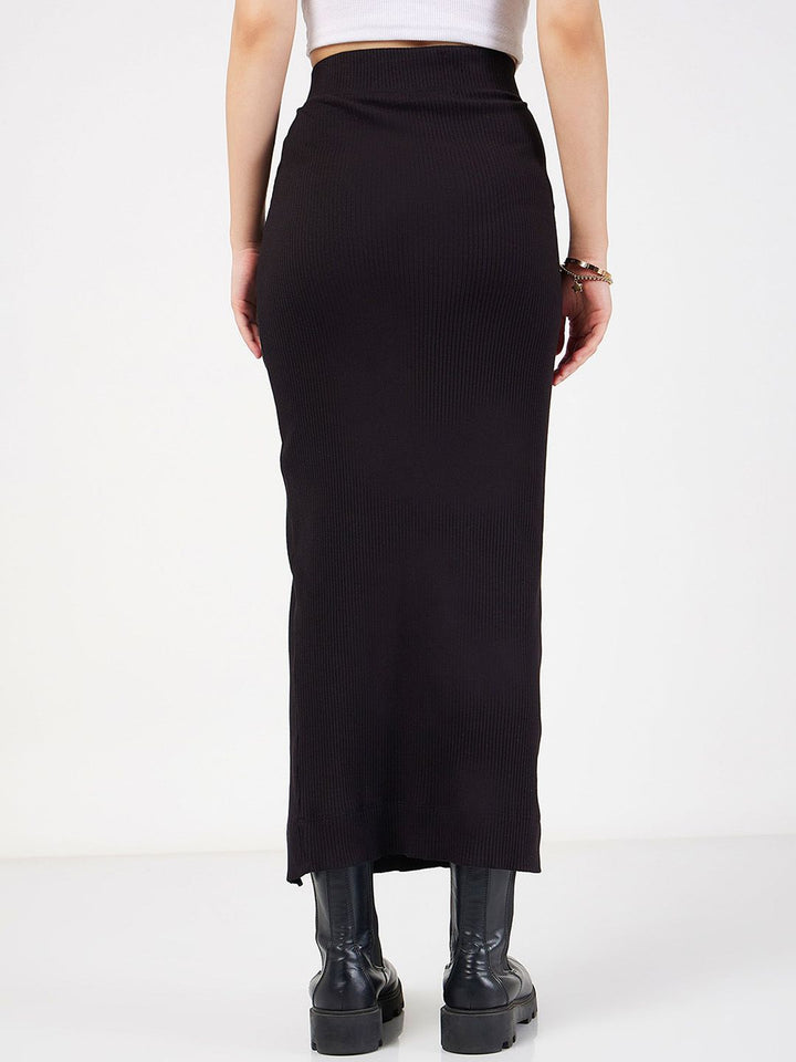SASSAFRAS Ribbed Front Ruched Midi Skirt
