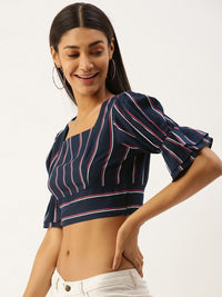 Berrylush Navy Blue & White Striped Bell Sleeves Cinched Waist Crop Top