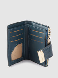Lino Perros Women Teal Blue Croc Textured Two Fold Wallet