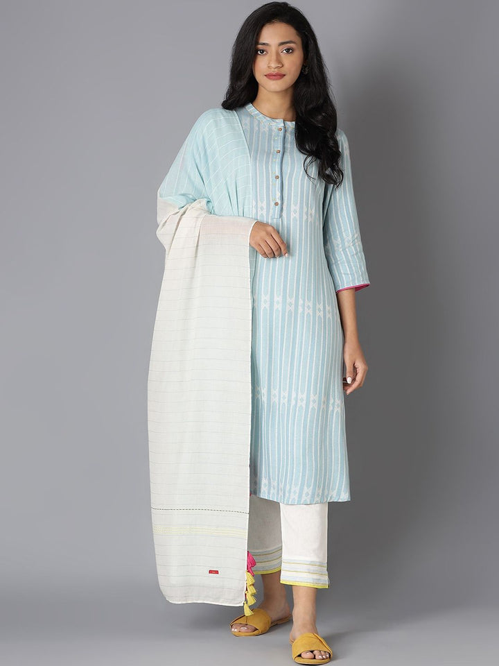 W Women Blue Striped Kurta with Trousers & With Dupatta