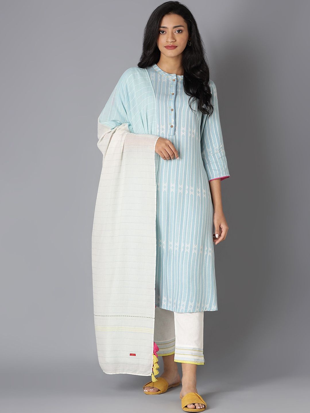 W Women Blue Striped Kurta with Trousers & With Dupatta
