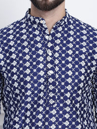SOJANYA Men Navy Blue & White Ethnic Motifs Embroidered Kurta