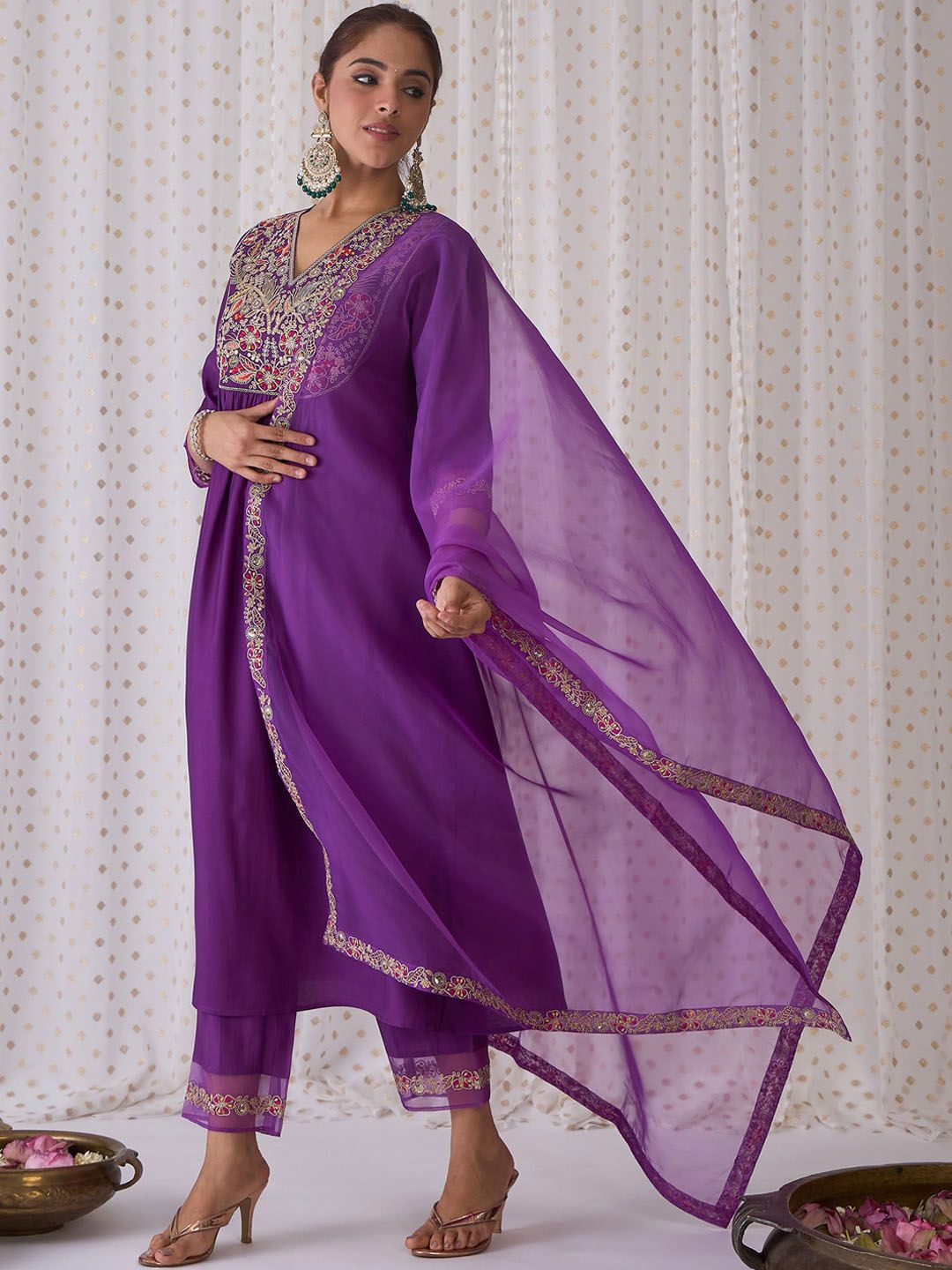Indo Era Floral Embroidered V-Neck Liva Kurta with Trousers & Dupatta