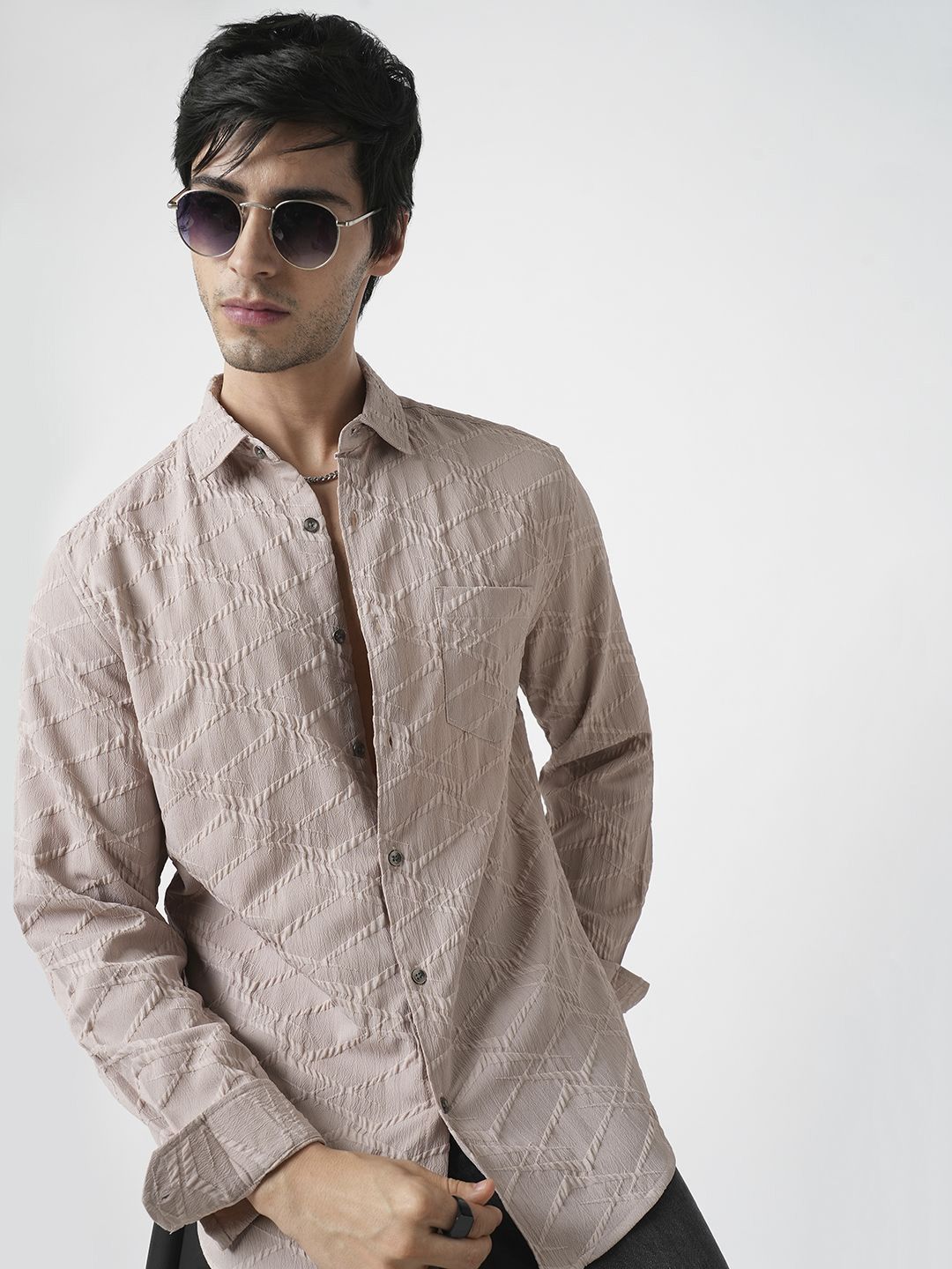 VASTRADO Men Classic Slim Fit Spread Collar Textured Casual Shirt
