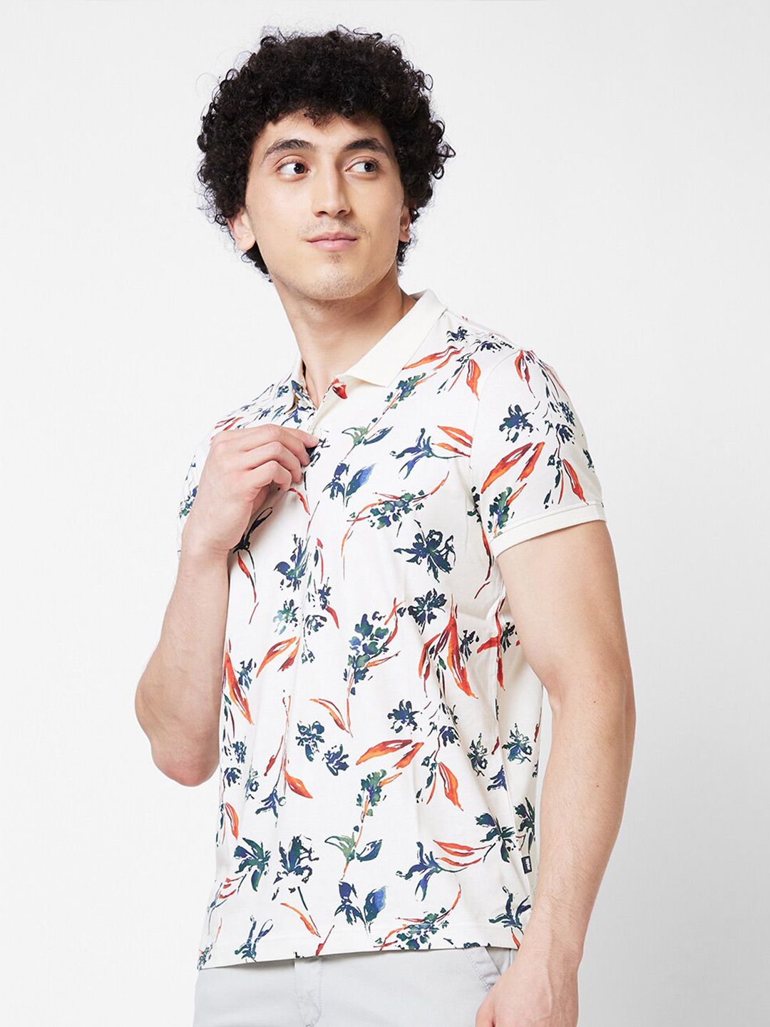 SPYKAR Floral Printed Polo Collar Cotton Slim Fit T-shirt
