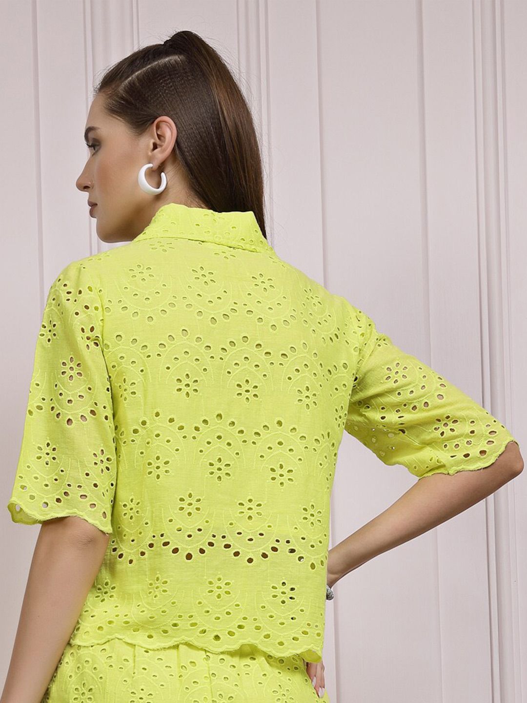 Athena Geometric Printed Shiffli Cotton Shirt Style Top