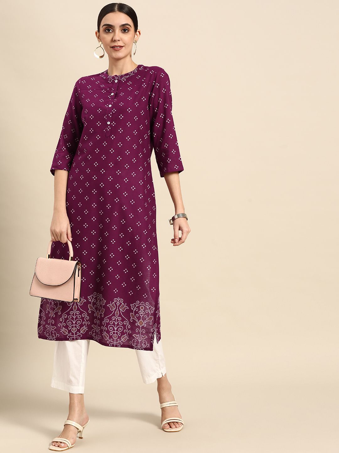 Anouk Women Magenta & White Bandhani Printed Kurta