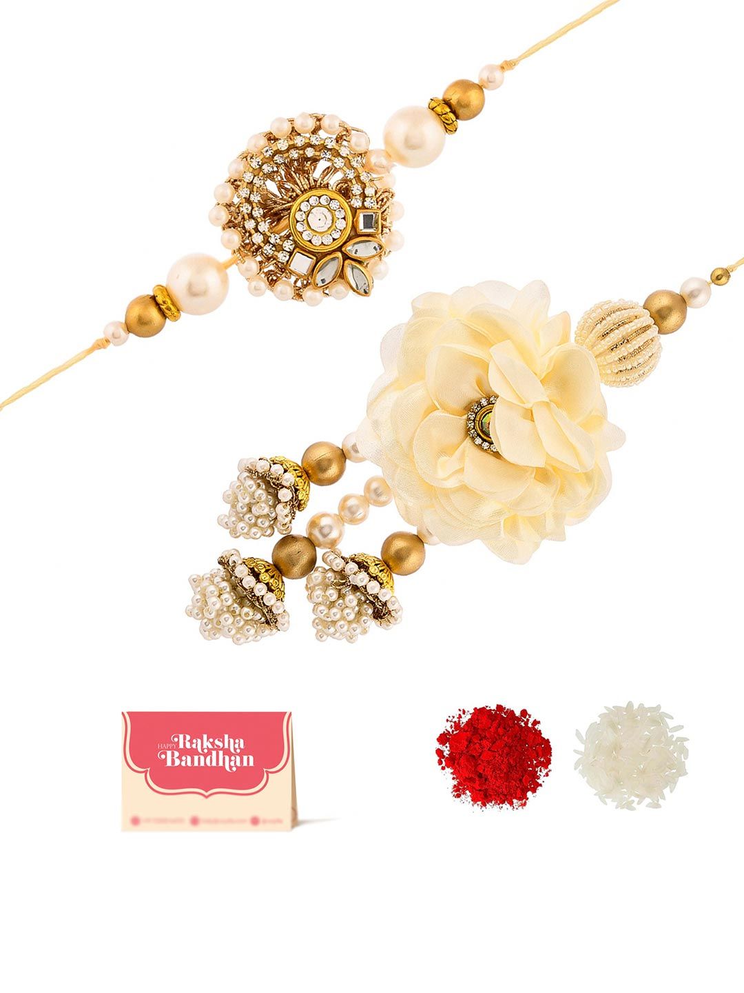 Voylla Unisex Set of 2 Pearls & Kundan Embellished Bhaiya-Bhabhi Rakhis