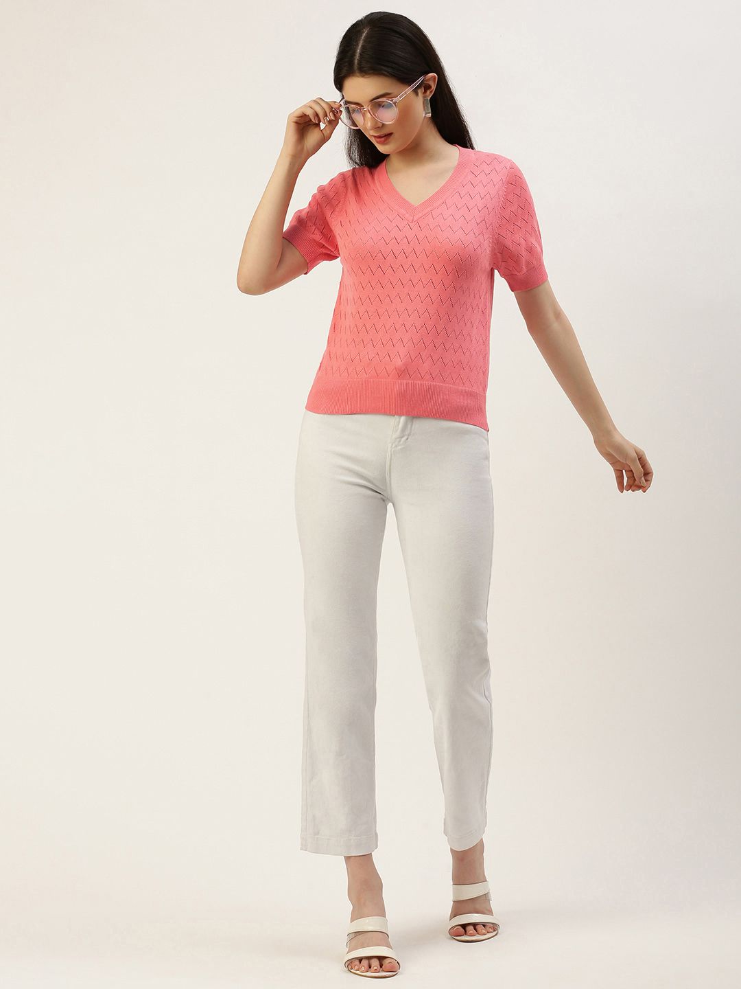 AND V-Neck Knitted Self Design Short Sleeves Top