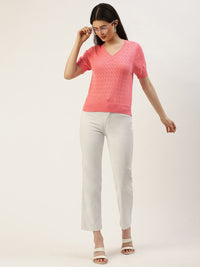 AND V-Neck Knitted Self Design Short Sleeves Top