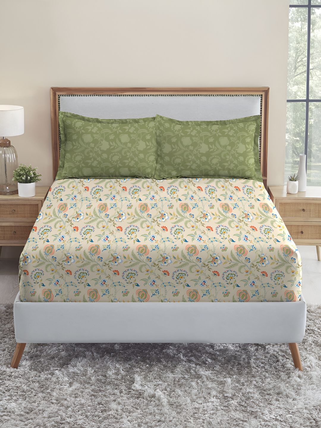 TRIDENT English Chintz Soft Comfort 210TC King Pure Cotton 1 Fitted Sheet with 2 Pillow Covers