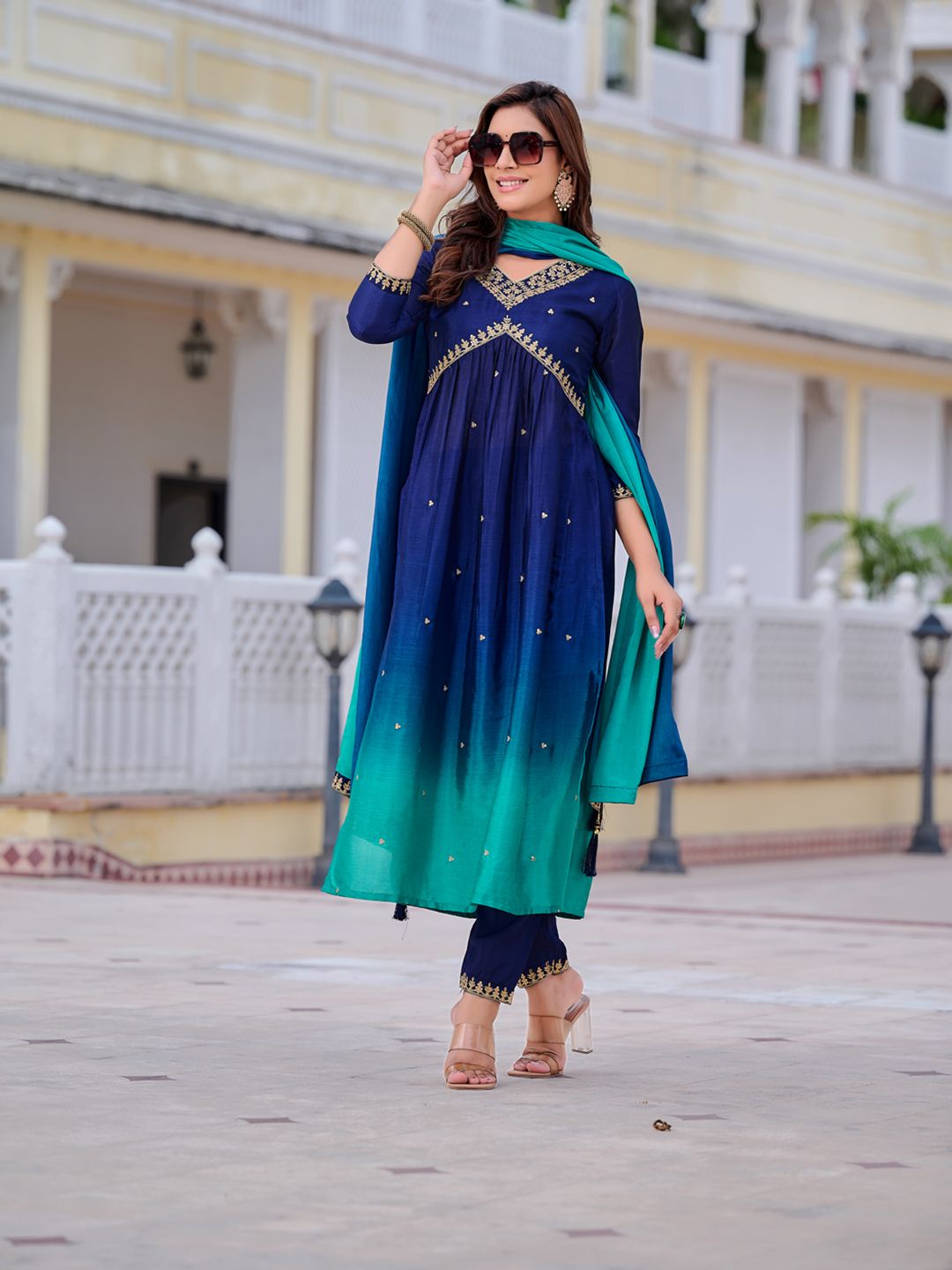 KALINI Ombre Dyed Empire Sequinned Anarkali Kurta with Trousers & Dupatta