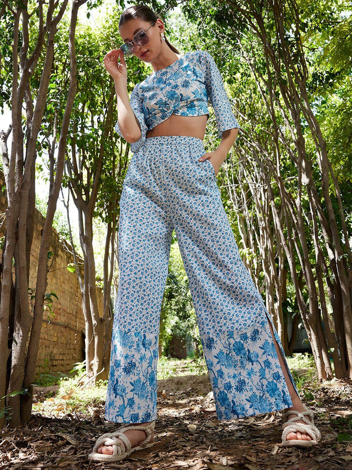 STREET 9 Floral Printed Boat Neck Crop Top with Flared Palazzos Co-Ords