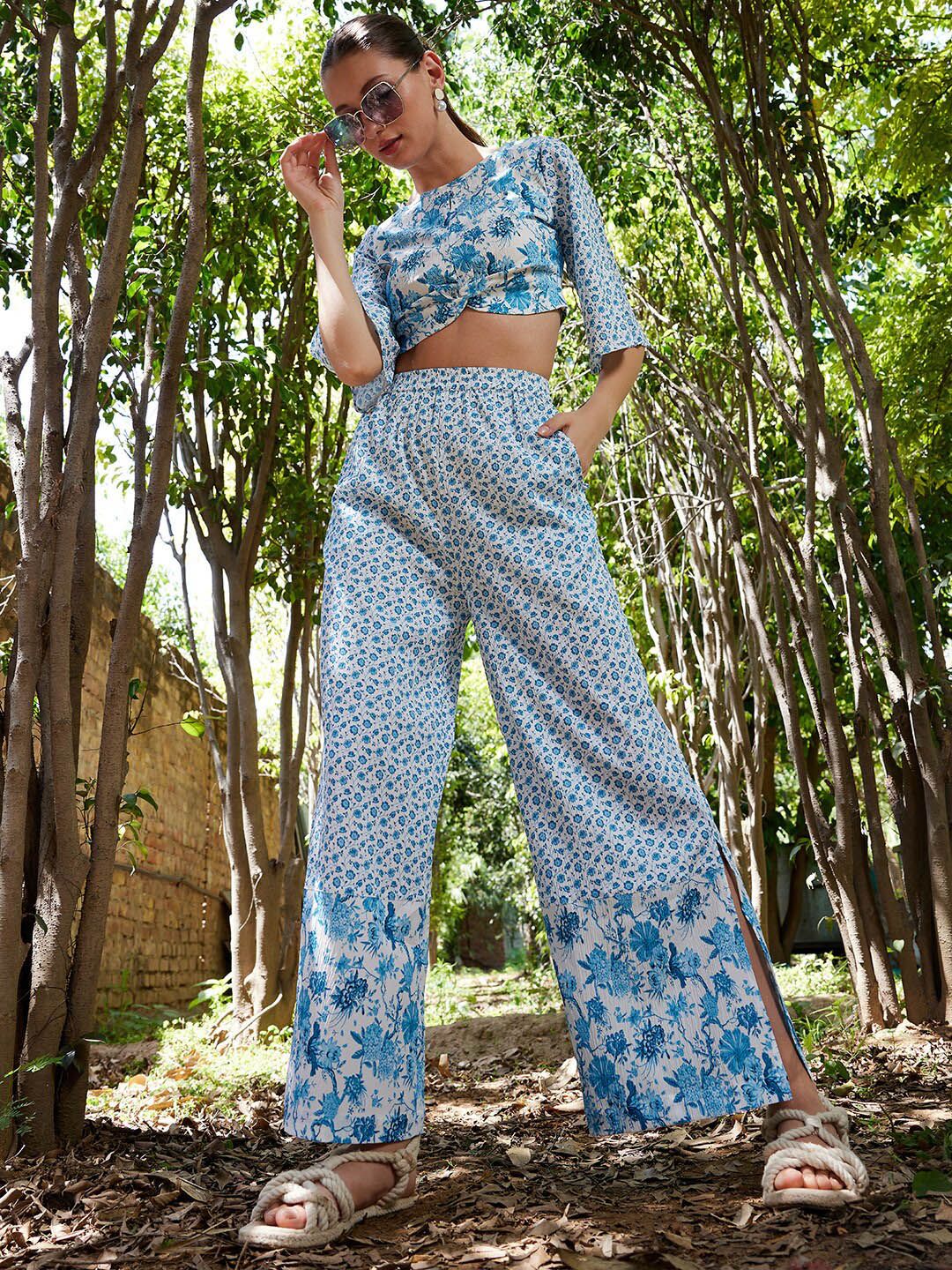 STREET 9 Floral Printed Boat Neck Crop Top with Flared Palazzos Co-Ords