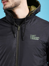 The Indian Garage Co Olive Green & Black Hooded Reversible Puffer Jacket