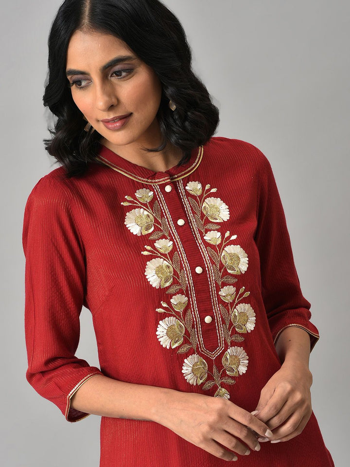 Aurelia Women Red Striped Viscose Kurta Set with Trousers