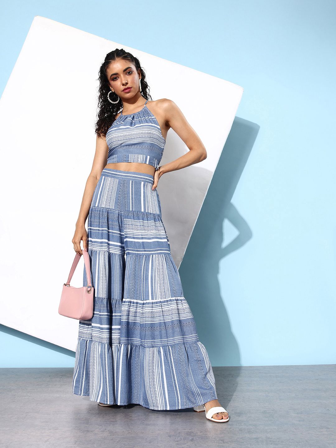 QUIERO Women Stunning Blue Striped Co-Ords Jumpsuit