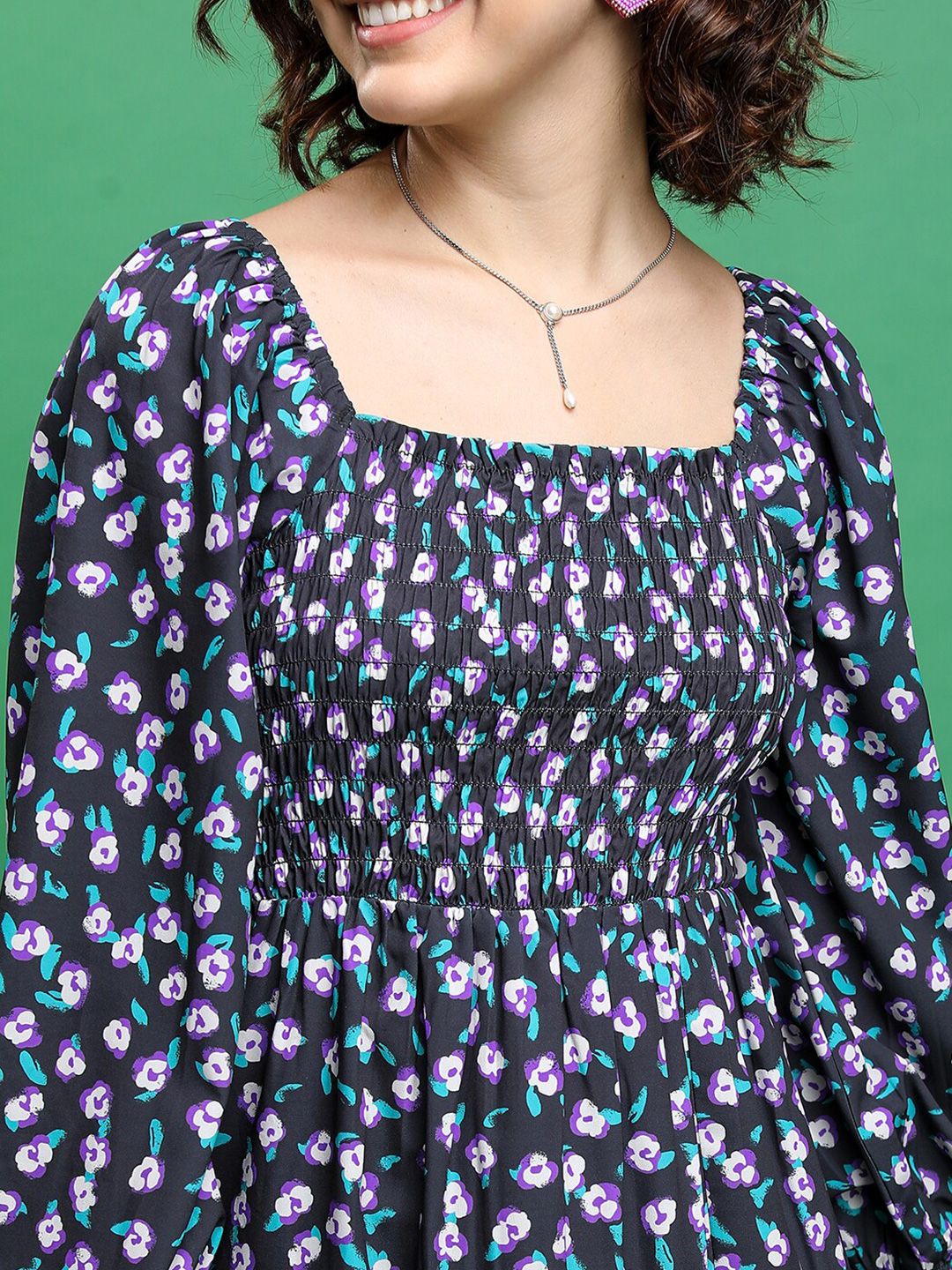 Tokyo Talkies Black Floral Print Puff Sleeve Fit & Flare Dress