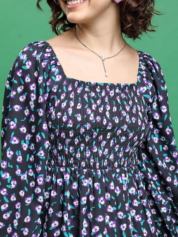 Tokyo Talkies Black Floral Print Puff Sleeve Fit & Flare Dress