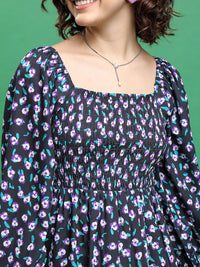Tokyo Talkies Black Floral Print Puff Sleeve Fit & Flare Dress
