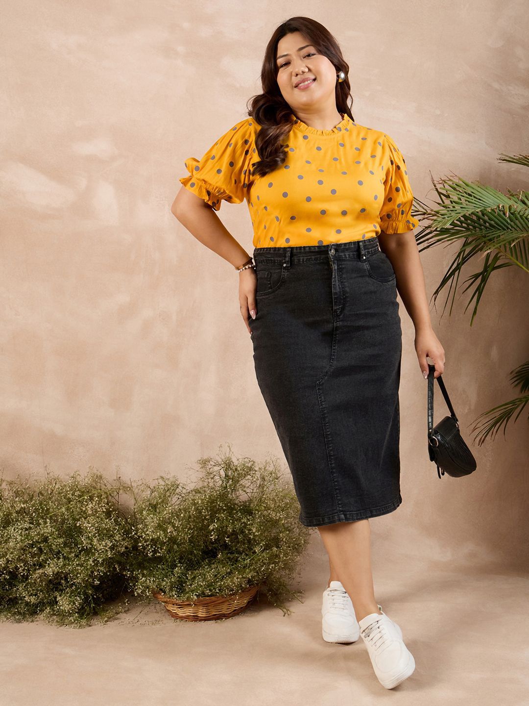 Berrylush Curve Polka Dots Printed Cotton Plus Size Top