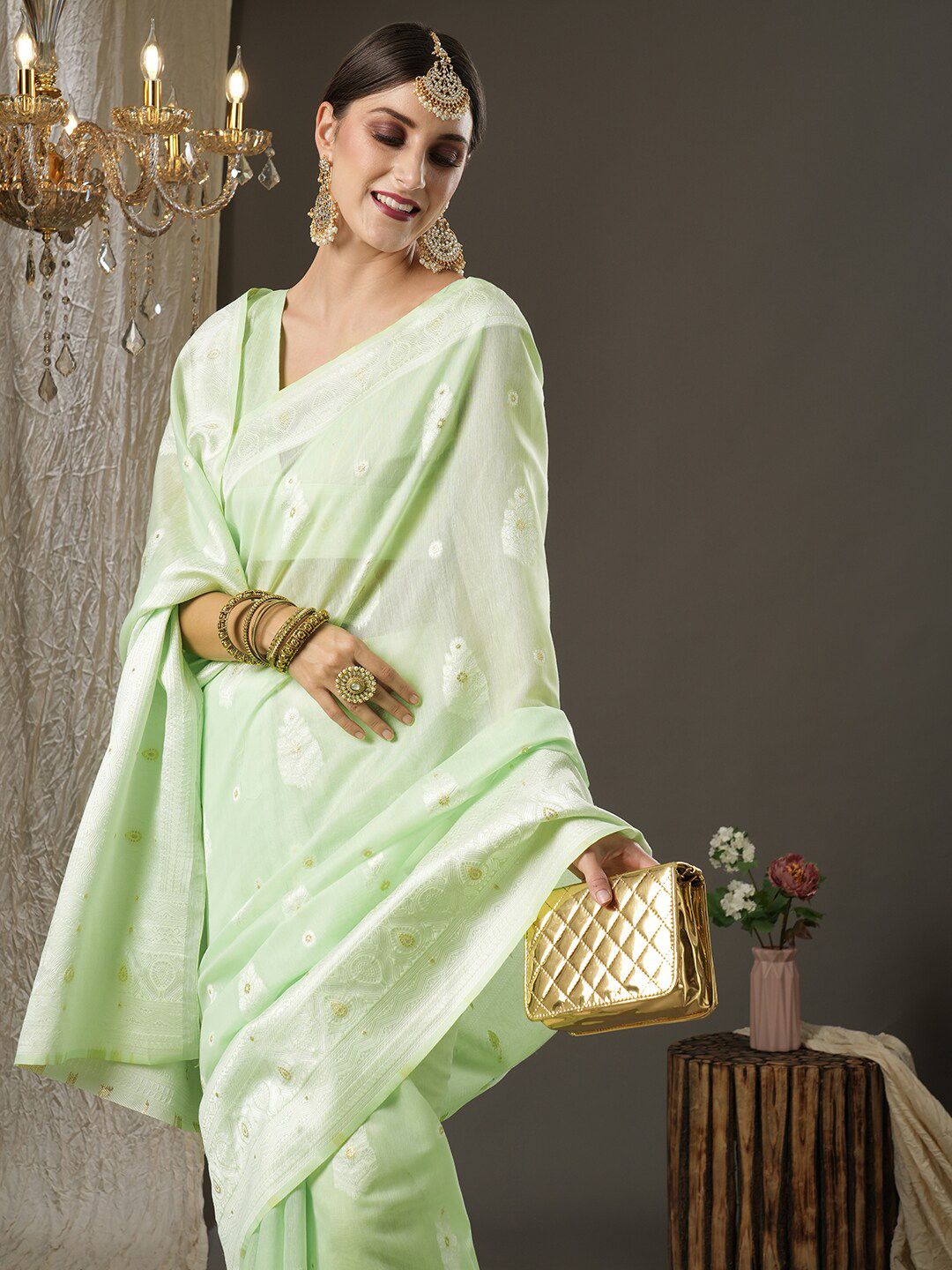 Saree mall Green Woven Design Silk Cotton Banarasi Sarees