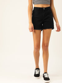 DressBerry Women Black Solid Regular Fit Denim Shorts