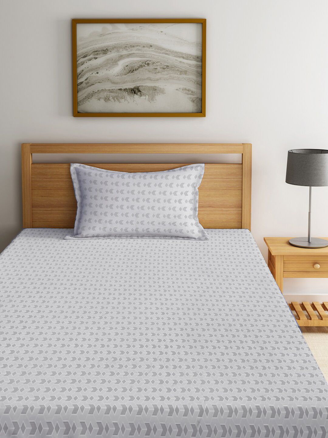 KLOTTHE Grey & White Fitted Printed 300 TC Single Bedsheet & 1 Pillow Cover