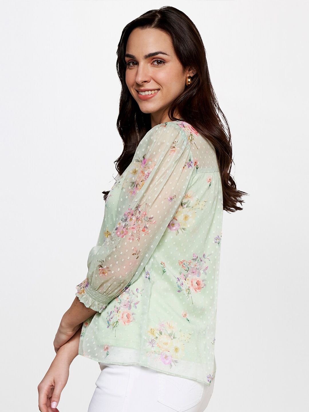 AND Floral Printed Tie-Up Neck Cuffed Sleeves Top